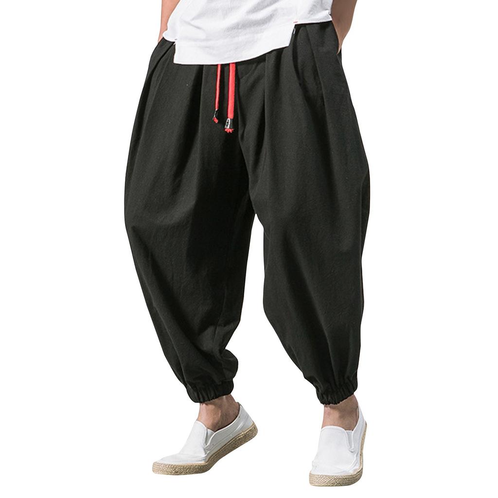 Men's Japanese Cotton Linen Cropped Pants Loose Wide-Legged Pants Plus Size Casual Pants