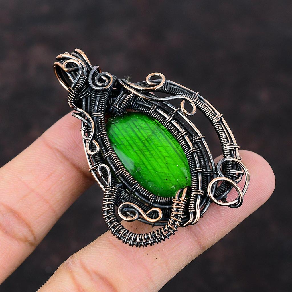 Кулон из зеленого огненного лабрадорита, медная проволочная обертка, драгоценный камень, медные украшения, подвеска ручной работы, подарок на помолвку, изящные проволочные обертки