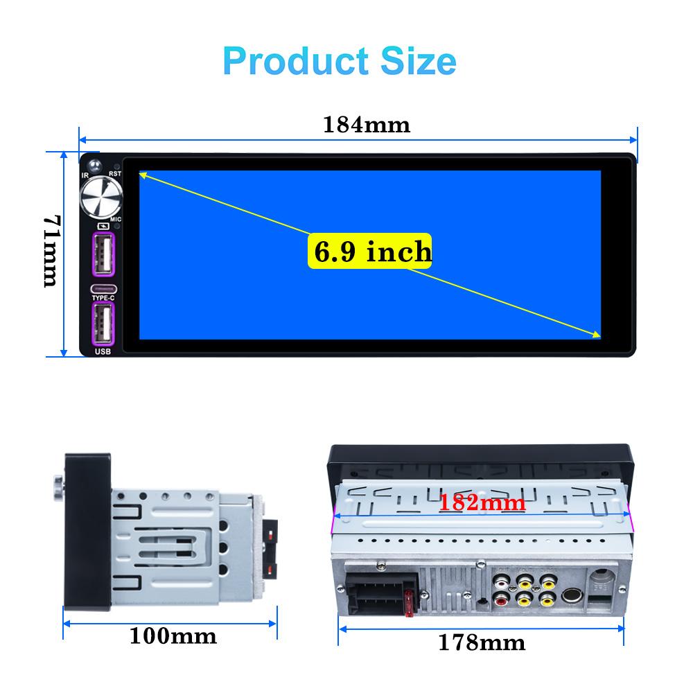 Reakosound 1 Din Car MP5/MP3 Player with 6.86 Inch Touch Screen Carplay Bluetooth FM Radio Rear View Camera