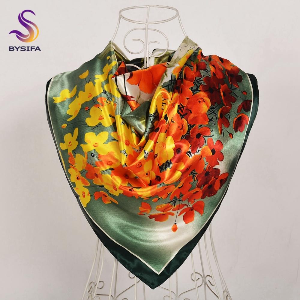 [BYSIFA] Navy Blue Chinese Roses Large Square Scarves New Female Elegant Large Silk Scarf Fashion Ladies Accessories 90*90cm
