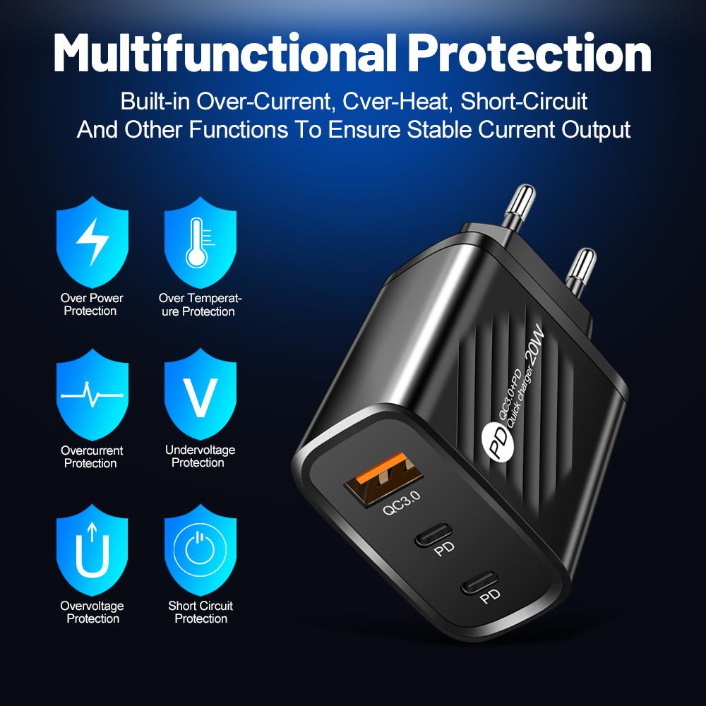 Зарядное устройство PD 20 Вт USB Type C для iPhone 15 14 Pro Max Quick Charge QC 3.0 с быстрой зарядкой, дорожная настенная вилка EU/US для Xiaomi Samsung