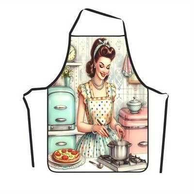 1pc Retro Kitchen Apron for Women - Vintage Housewife Cooking Humor Design Durable Polyester Fabric, Perfect for Baking Cooking