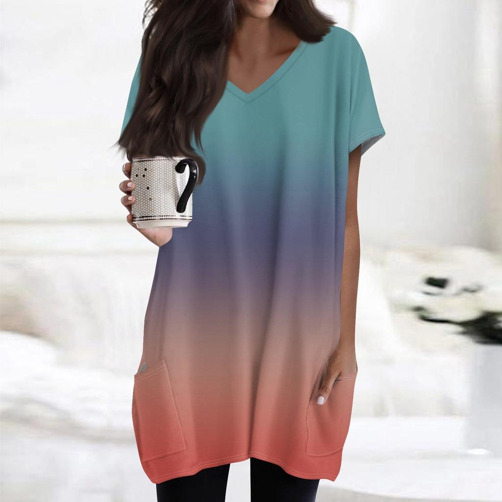 Женские топы с V-образным вырезом, блузки с коротким рукавом, повседневные рубашки средней длины, модные туники с принтом и карманами