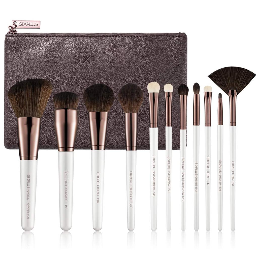 SIXPLUS White Pearl Makeup Brush Set with Cosmetic Pouch Elegance Series (11 pieces) -