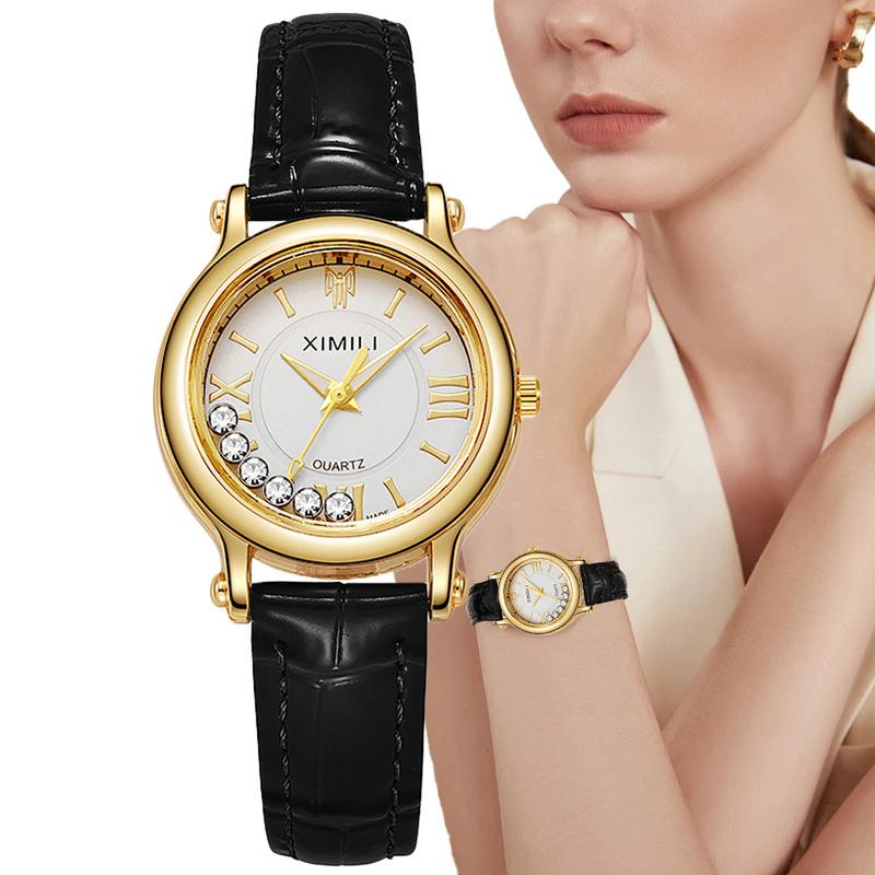 Ladies Fashion New Simple Roller Ball Small Quartz Watch Business Black Leather Women's Dress Clock Wristwatch