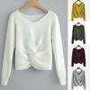 Women Long Sleeve Solid Color V-neck Sexy Cross Knotted Panel Sweater 