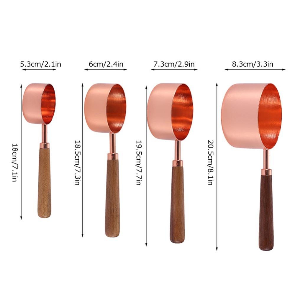 4PC Set Wooden Handle Measuring Cup Set Rose Gold Finish Kitchen Measuring Tools For Baking