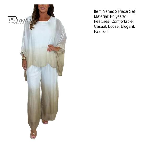 Summer Chiffon Gradient 2 Piece Set for Women Plus Size Crew Neck Top Wide-leg Pant Set Casual Loungewear Outfit