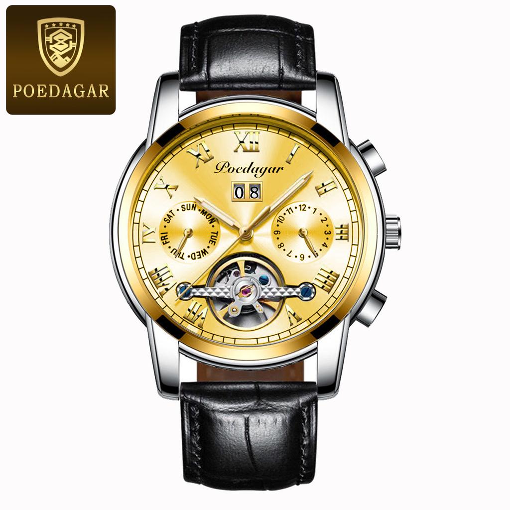 POEDAGAR Новые роскошные мужские часы ТОП-бренда с коробкой, автоматические водонепроницаемые полые многофункциональные светящиеся мужские механические часы