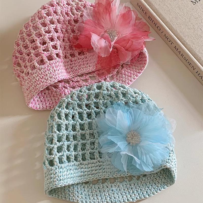 Women's Spring and Summer Korean Style Thin Hollow Breathable Sunshade Handmade Knitted Hat Sweet Wool Linen Fishnet Hat