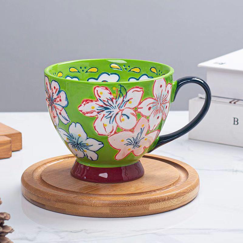 Керамическая чашка для воды с рельефным рисунком, чашка для завтрака с цветочным рисунком, европейская чашка для хлопьев, большая чашка с рисунком, креативная чашка