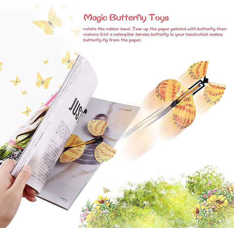 10Pcs Magic Flying Butterflies Wind Up Toy In The Sky Bookmark Greeting Cards Rubber Band Powered Kids Magic Props Surpris Gift