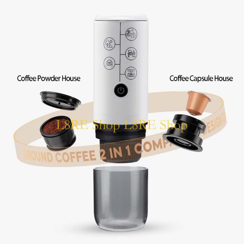 L8RE Travel Friendly Espresso Machine Wireless and Rechargeable Coffee Pods Machine Plastic Texture Perfect for Quick Brewing