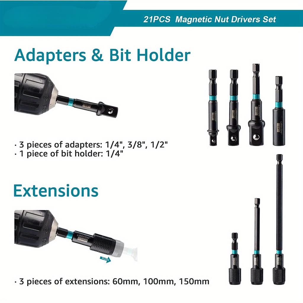 Набор из 21 магнитного торцевого ключа — универсальный набор ударных дрелей-шуруповертов с метрическими и SAE торцевыми гайковертами, адаптерами ударных головок и держателем бит