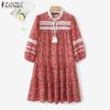 Women Casual Round Neck Loose 3/4 Sleeve Floral Dress