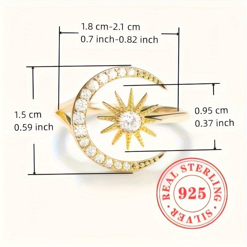 925Pure Silver Shiny Synthetic Zircon Star and Moon Open Ring for Women, Casual Party Accessory