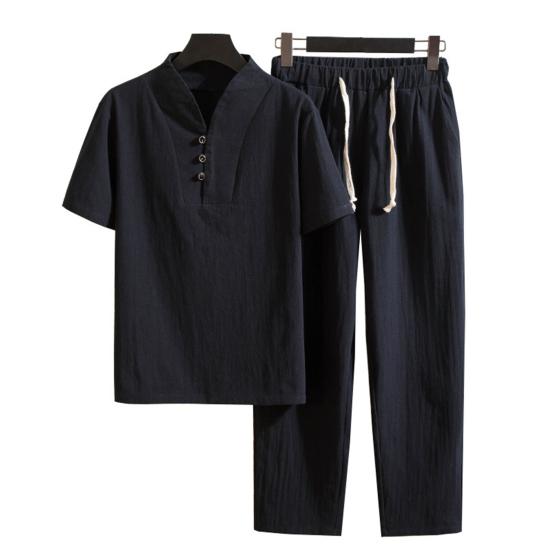 Футболка, брюки, костюм, модные карманы, пуговицы, мужской летний спортивный костюм, однотонный комплект из рубашки и брюк, мужской комплект из рубашки и брюк, мужская одежда