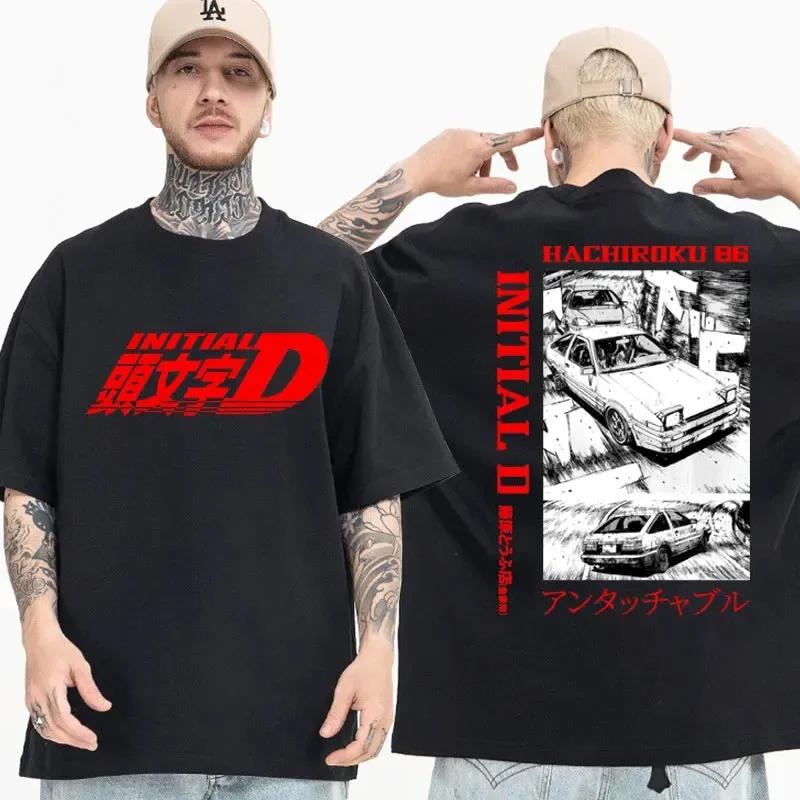 Men Anime Drift AE86 Initial D Double Sided T Shirt O-Neck Short Sleeves Summer Casual Unisex R34 Skyline GTR JDM Manga T-Shirts