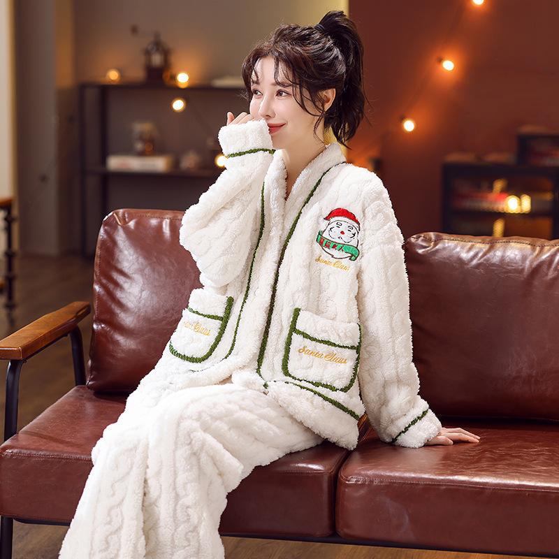 Autumn Winter Christmas V Neck Flannel Pajamas Thickened Women's Home Set