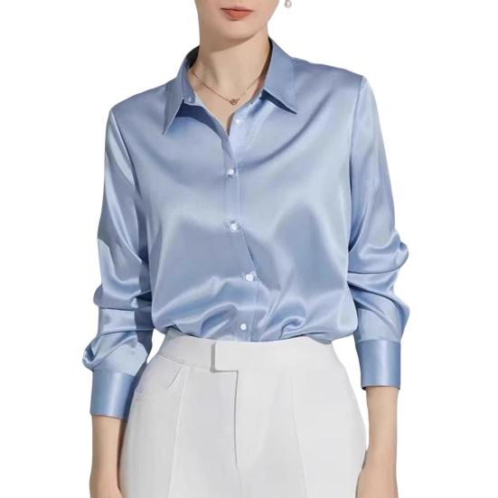 Женская рубашка с лацканами, длинный рукав, блестящая ткань, официальная рубашка, застежка на пуговицы, однотонная гладкая деловая рубашка для свиданий