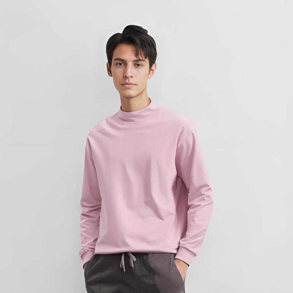 Uniqlo Однотонная футболка с высоким воротником и длинным рукавом Мужские топы Светло-розовый 440437-10