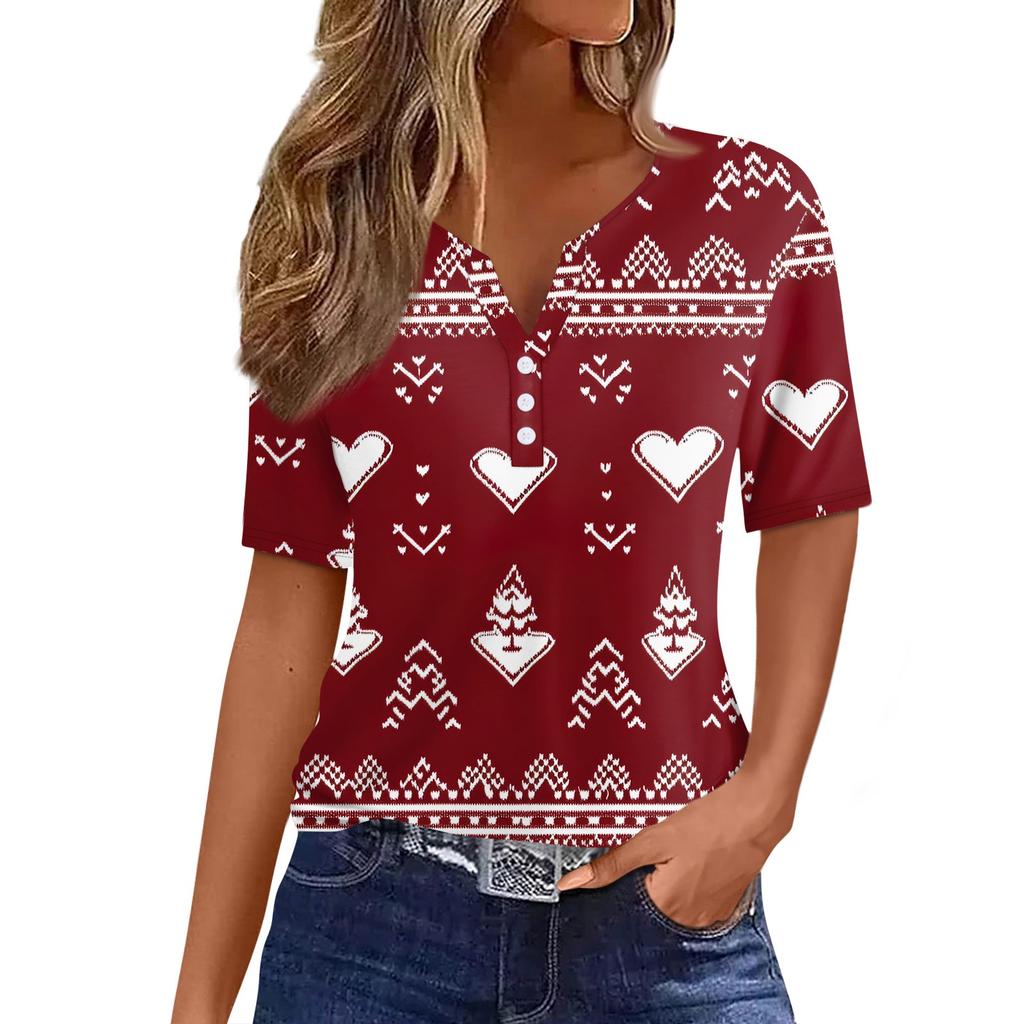 Женская футболка с рождественским принтом, на пуговицах, с коротким рукавом, повседневная, для выходных, модная, базовая, с V-образным вырезом, обычная
