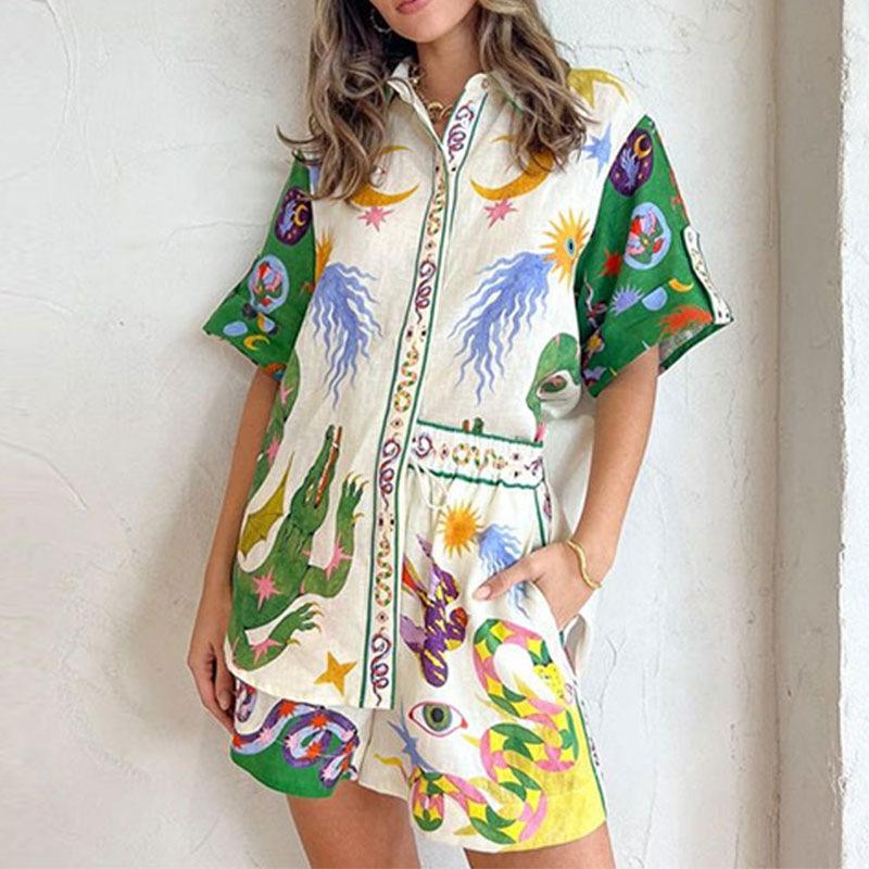 2026 cross-border foreign trade European and American women's clothing, new spring models, temperament casual printed shirt lace-up shorts set