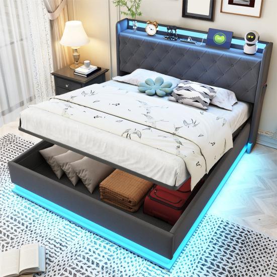 Adult Bed LED Upholstered 140x200cm with USB Charging Connection Double And Hydraulic Storage Skin-Friendly Linen Fabric Gray Children