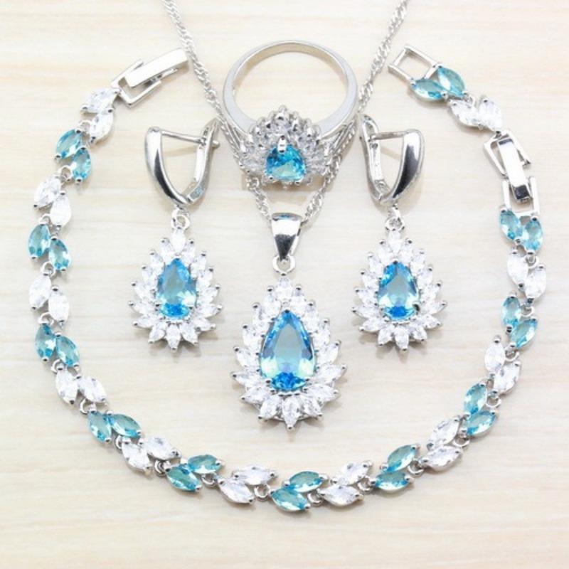 Blue Jewelry with Gem Set Pendant Earrings Necklace and Ring Lady Set