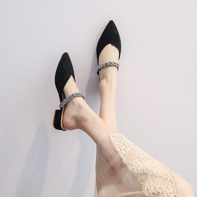 6374-5 Низкий каблук верхняя одежда модная сумка голова полустелька женская обувь одинарная обувь крутые тапочки остроносые полутапочки женские жемчужные новые