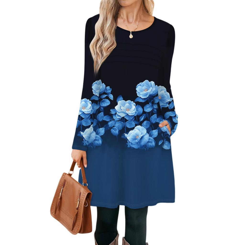 Женские повседневные модные платья с длинным рукавом, с графическим принтом, винтажные, с карманами