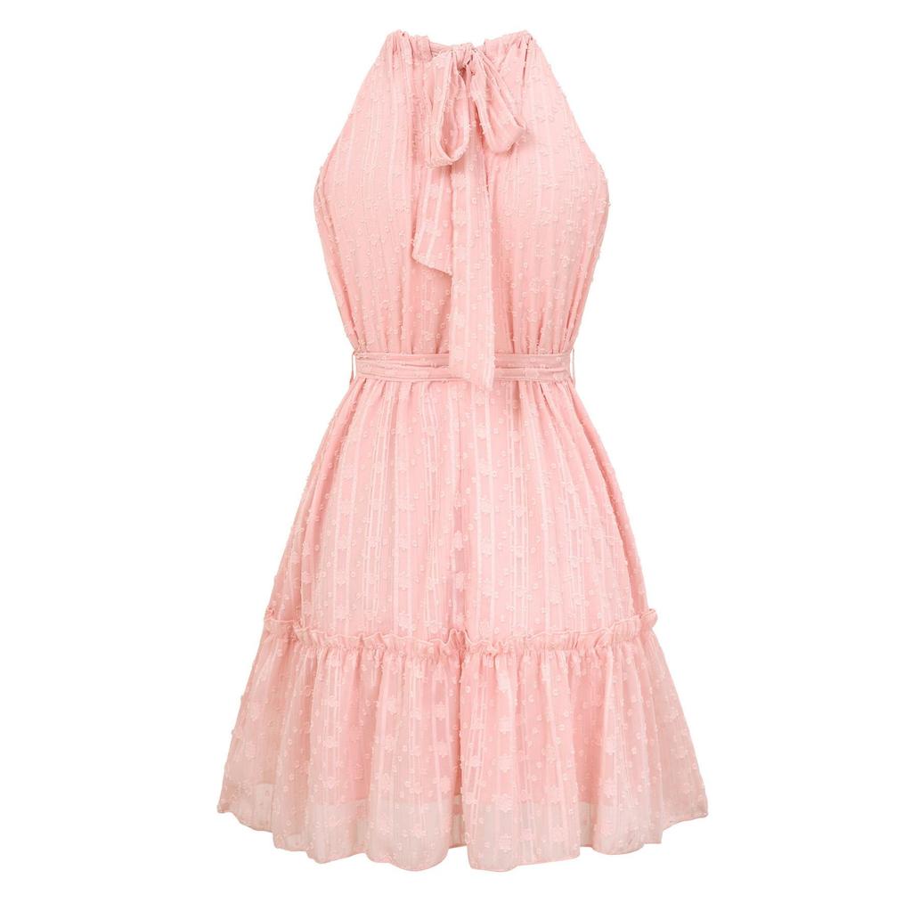 Женское весеннее однотонное платье без рукавов с лямкой через шею, летнее повседневное платье А-силуэта с высокой талией и поясом, короткие платья S-XL