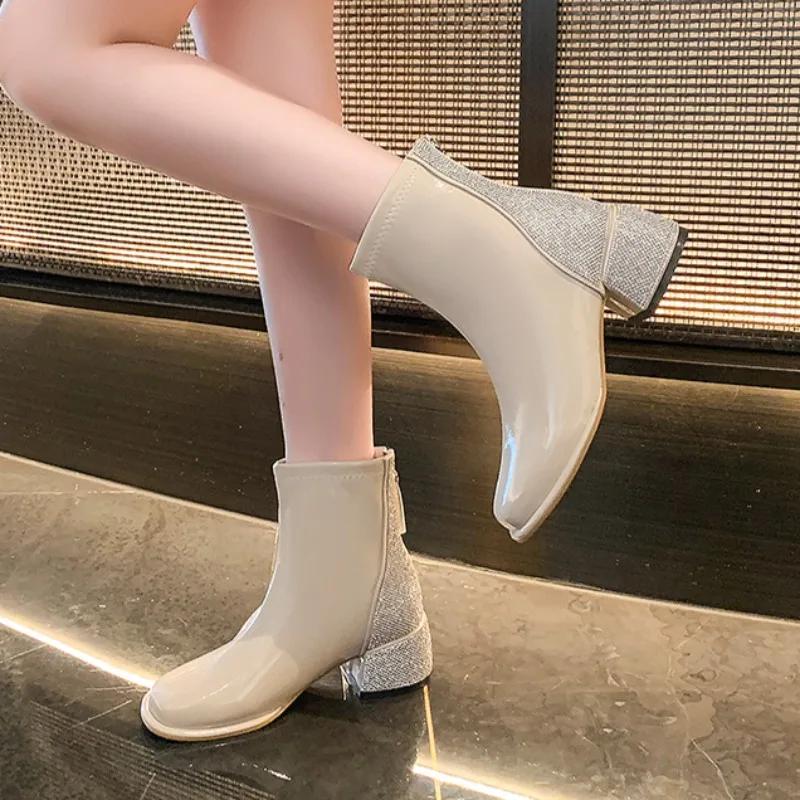 Короткие ботинки 2024 года, новые роскошные женские ботильоны со стразами и низким каблуком, ботильоны из искусственной кожи высокого качества, весна-осень, Botas Mujer
