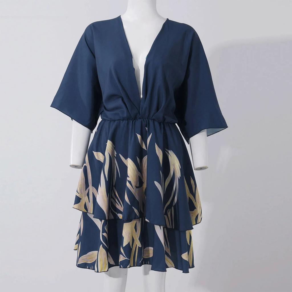 Женское платье в стиле бохо с цветочным принтом, летние сексуальные свободные платья с v-образным вырезом и рукавами «летучая мышь», на шнуровке, женское пляжное праздничное мини-платье, одежда