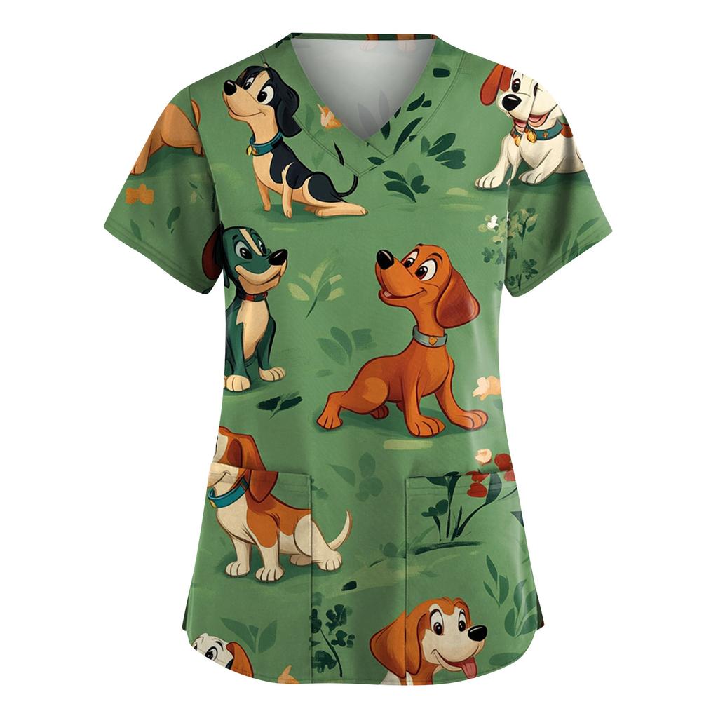 Women's Fashion Short Sleeve Cute Animal Printed V-Neck Pocket Workwear Tops