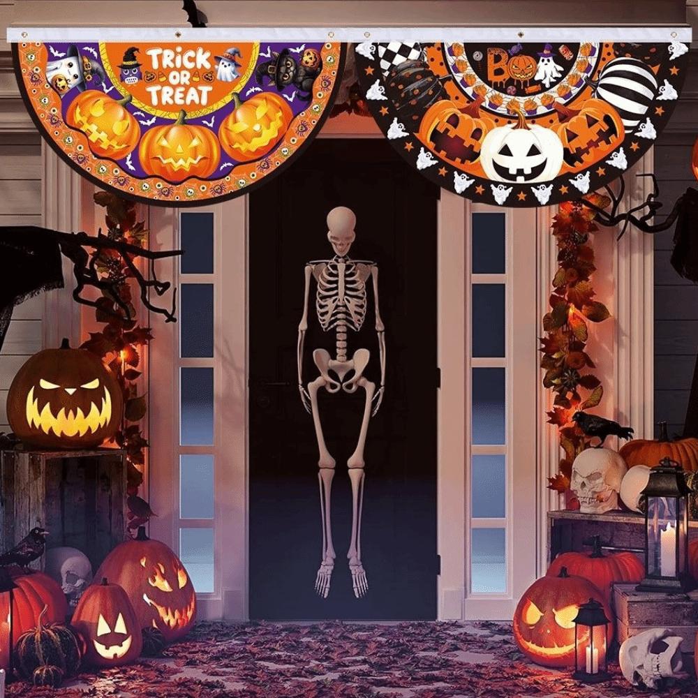 New Pumpkin Ghost Halloween Flag Halloween Decoration DIY Bunting Flags Wear Resistant Garden Half Fan Banner Outdoor Yard