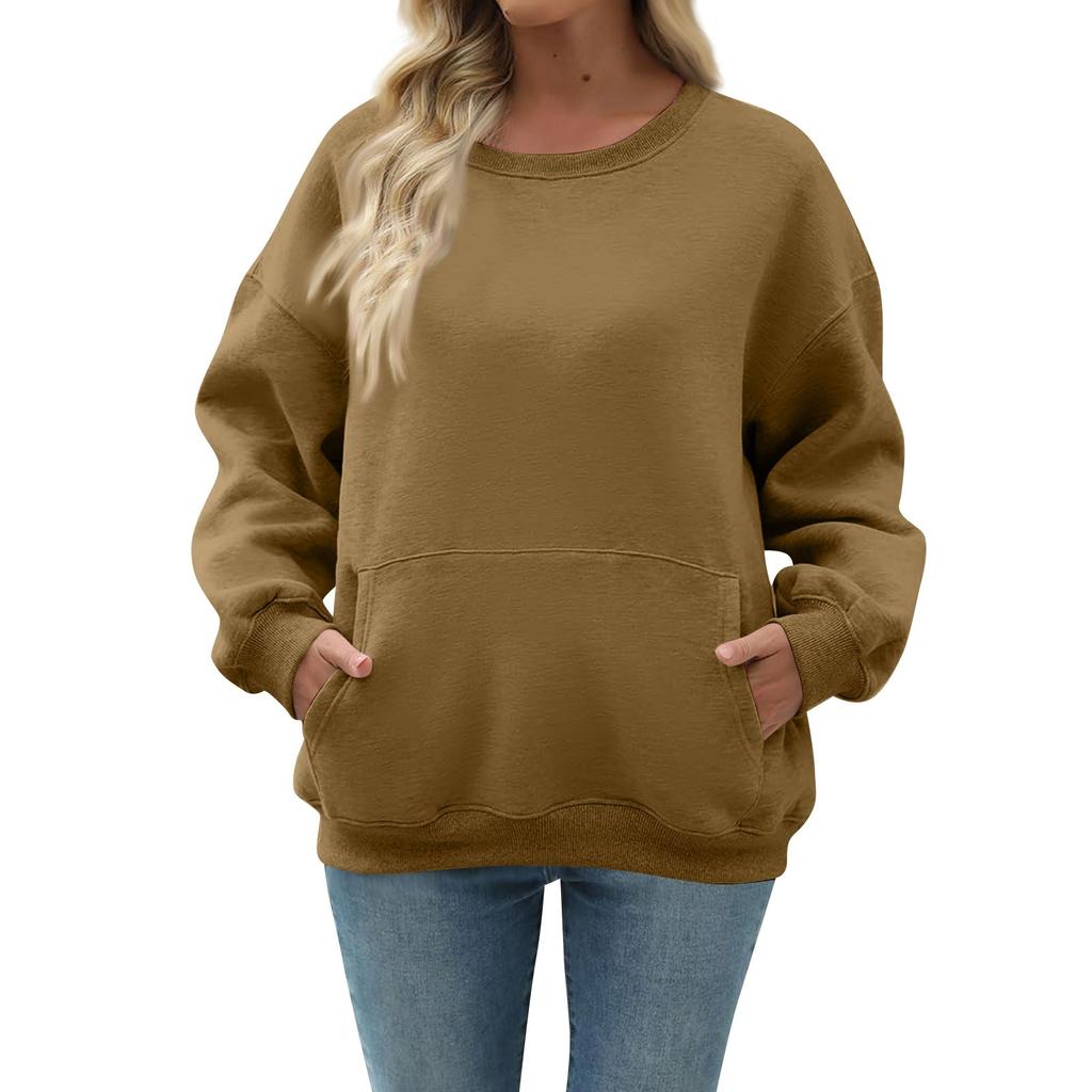 Women's Casual Fashion Long Sleeve Solid Color Round Neck Sweatshirt Top With Pocket
