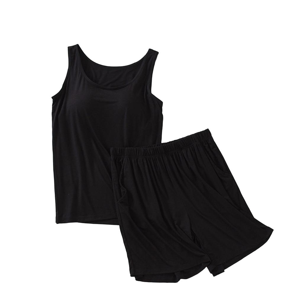 Women's Pajama Set With Chest Pad Solid Color Sleeveless Vest Short Split Pants Two Pieces