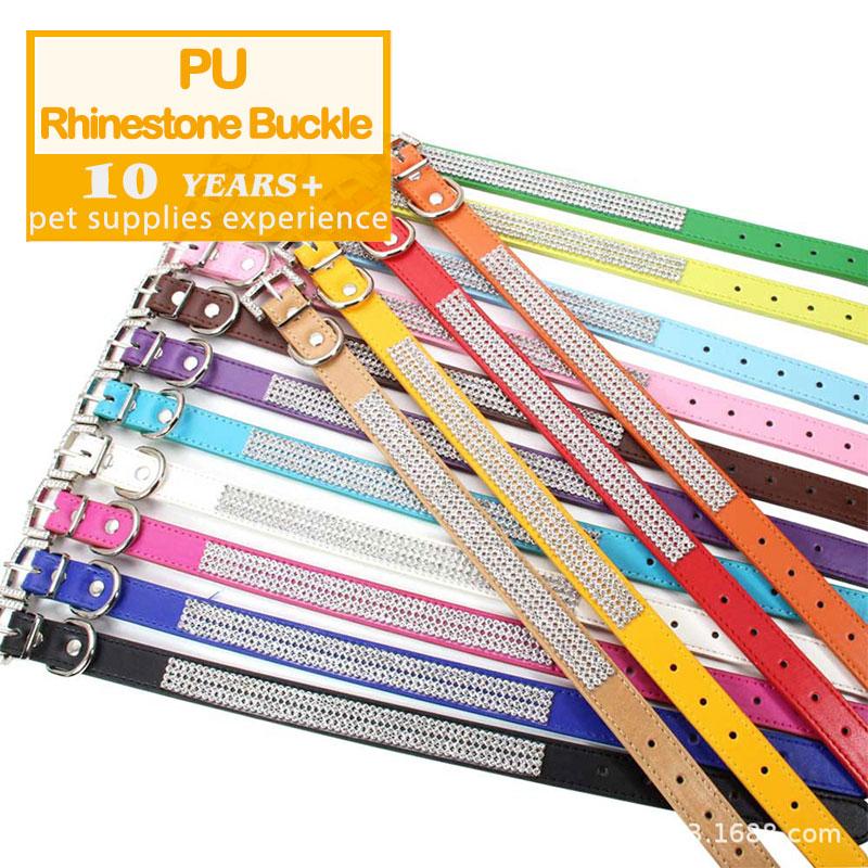 In Stock Adjustable PU Material Dog & Cat Collar with Diamond Decoration and Leash Buckle Closure Pet Accessories