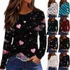 Women's Fashionable Long-Sleeved Round Neck Top with Slit Hem and Valentine's Day Heart Print