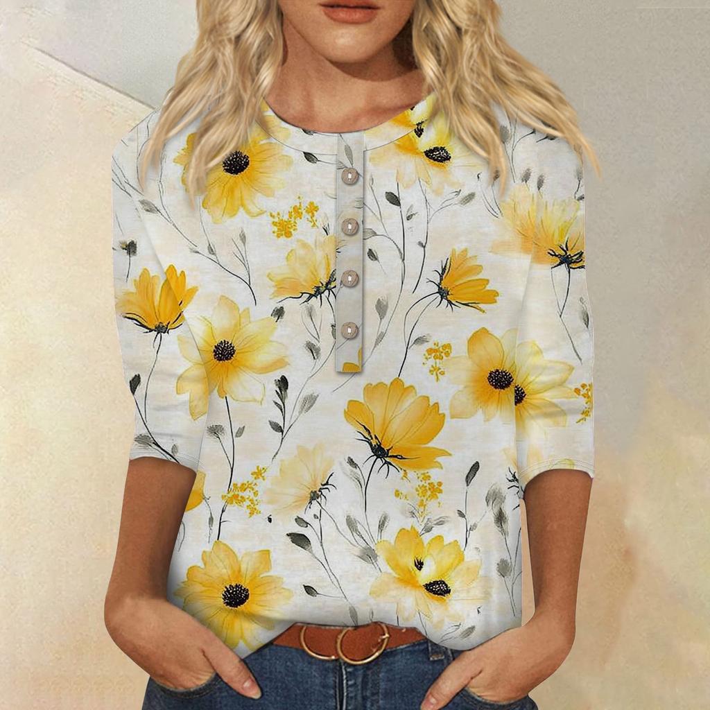 Женская мода повседневная 3/4 рукава цветочный принт пуловер круглый вырез топ повседневная одежда