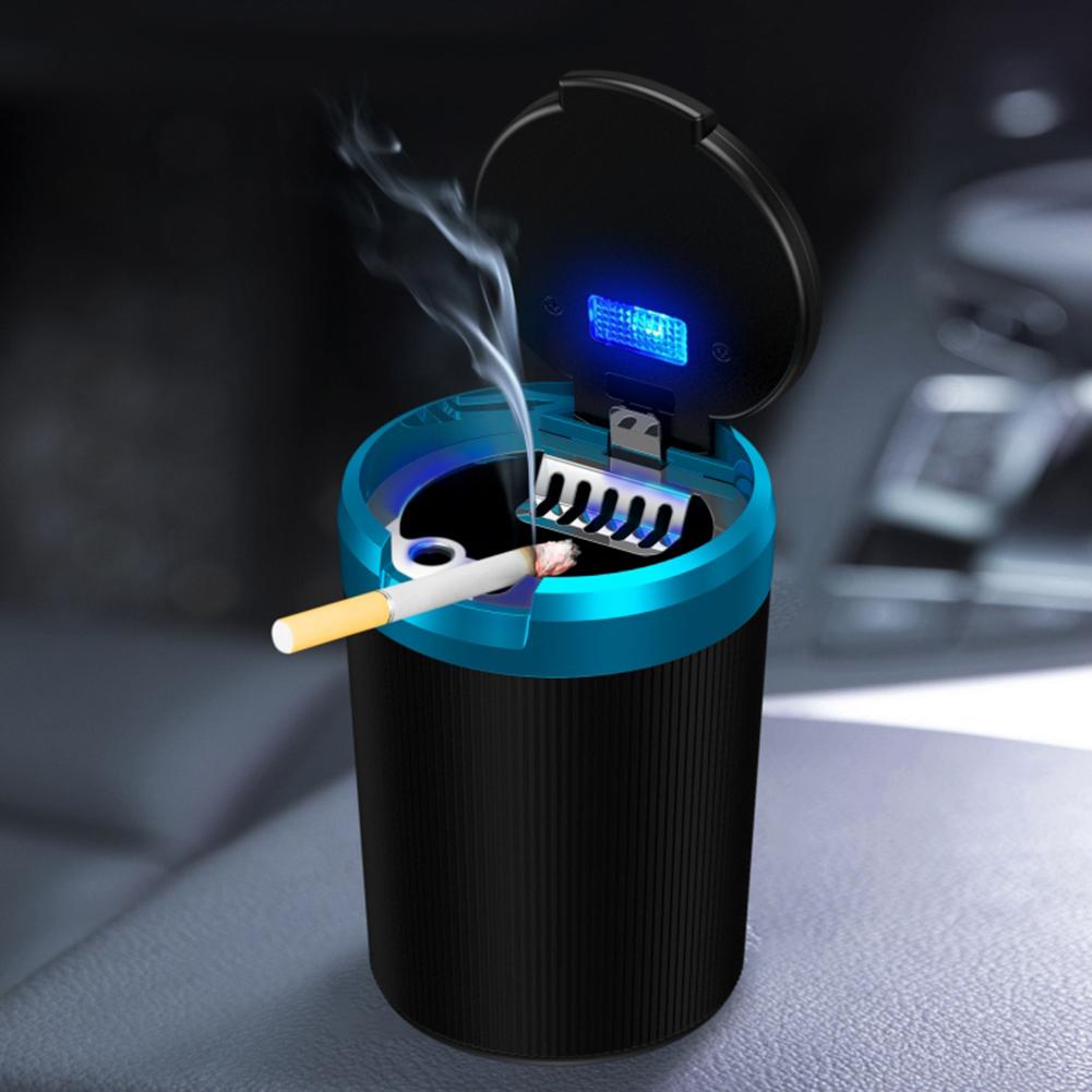 Car Ashtray with Lid Portable Ash Tray with Blue LED Light Mini Car Trash Can Stainless Steel Ashtray for Car Travel Agency
