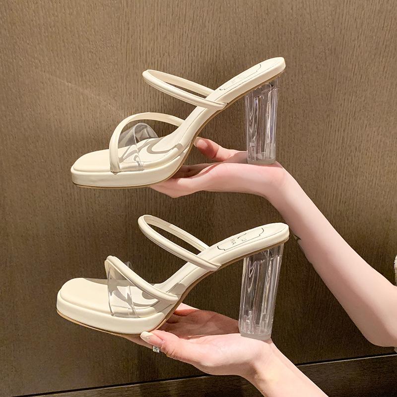 Супер высокие каблуки шлепанцы женские летние новые на одном слове с прозрачным верхом кристалл и толстые каблуки женские квадратный носок