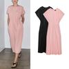 Summer New Women Clothes Basic Round Neck Casual Straight Pleated Short Sleeve Midi Dress 4333041