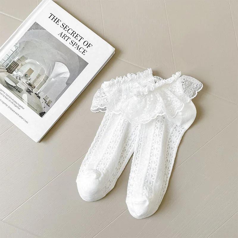 Lace Ruffle Socks Women Cute Bow Sweet Girl Lolita Kawaii Princess Socks Hollow Out Mesh Thin Breathable Black White Short Socks
