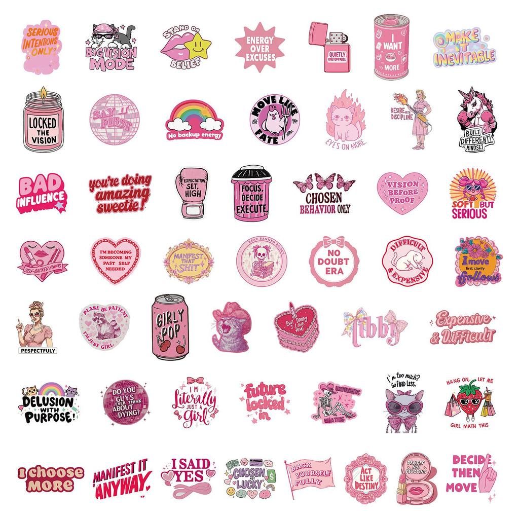 50 Pink Rebellious Aesthetic Graffiti Stickers for Guitar, Notebook & Suitcase - Waterproof DIY Decals