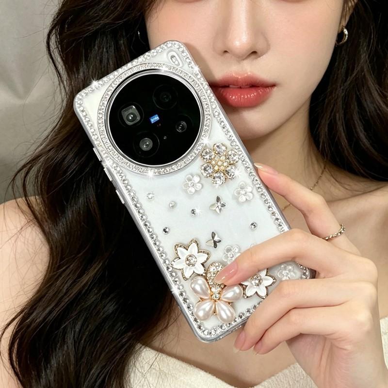 Glitter Bling Silver Diamond Case For OPPO Find X9 Pro X7 X8 Ultra X8s Pro X7 Pro Luxury Rhinestone Flower Clear Acrylic Cover