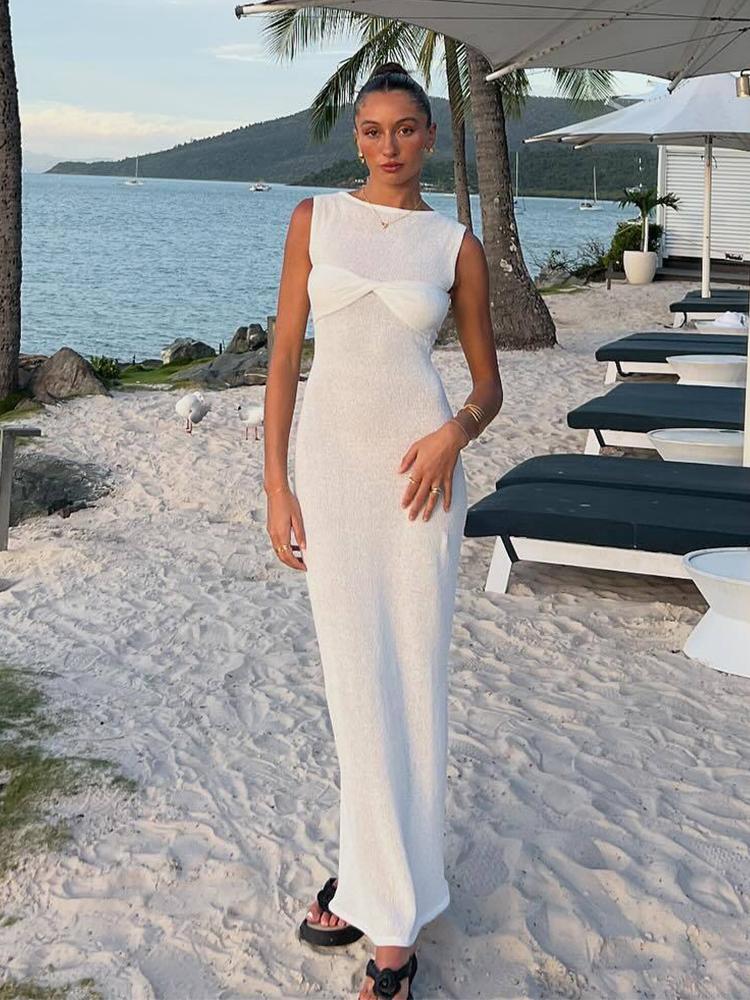 EDOLYNSA Sexy Elegant Solid Color Knit Sleeveless See Through Long Dress 2024 Women's Summer Seaside Beachwear Swimwear Cover Up A2857