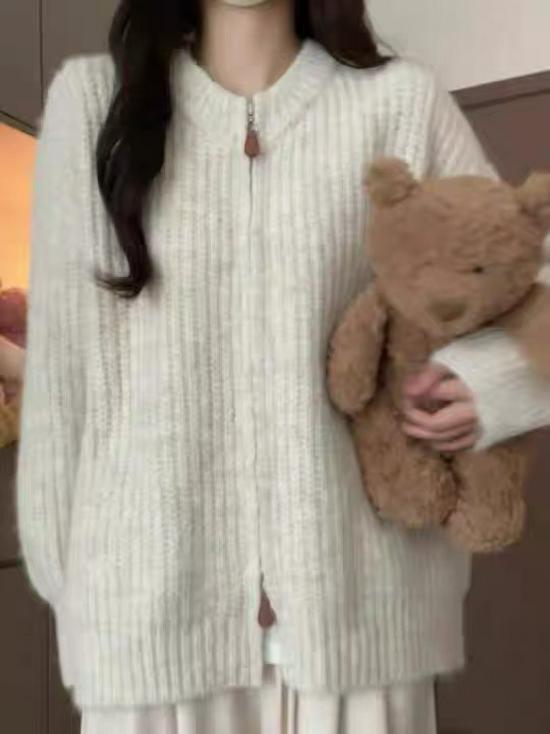 Petite Women's Korean Style Zip-Up Knit Sweater Coat - Autumn/Winter Loose Solid Color Cardigan