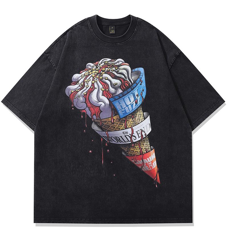 Футболка с рисунком мороженого в уличном стиле, черная футболка из хлопка, топы унисекс, футболки, летние футболки с короткими рукавами